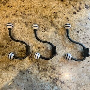 Set of Three Black Hooks with White and Blue Ceramic Ends